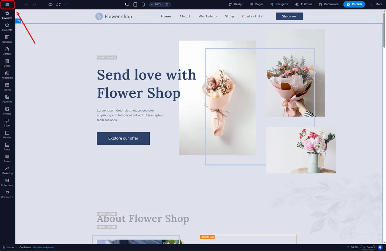 Sitejet Builder - main menu