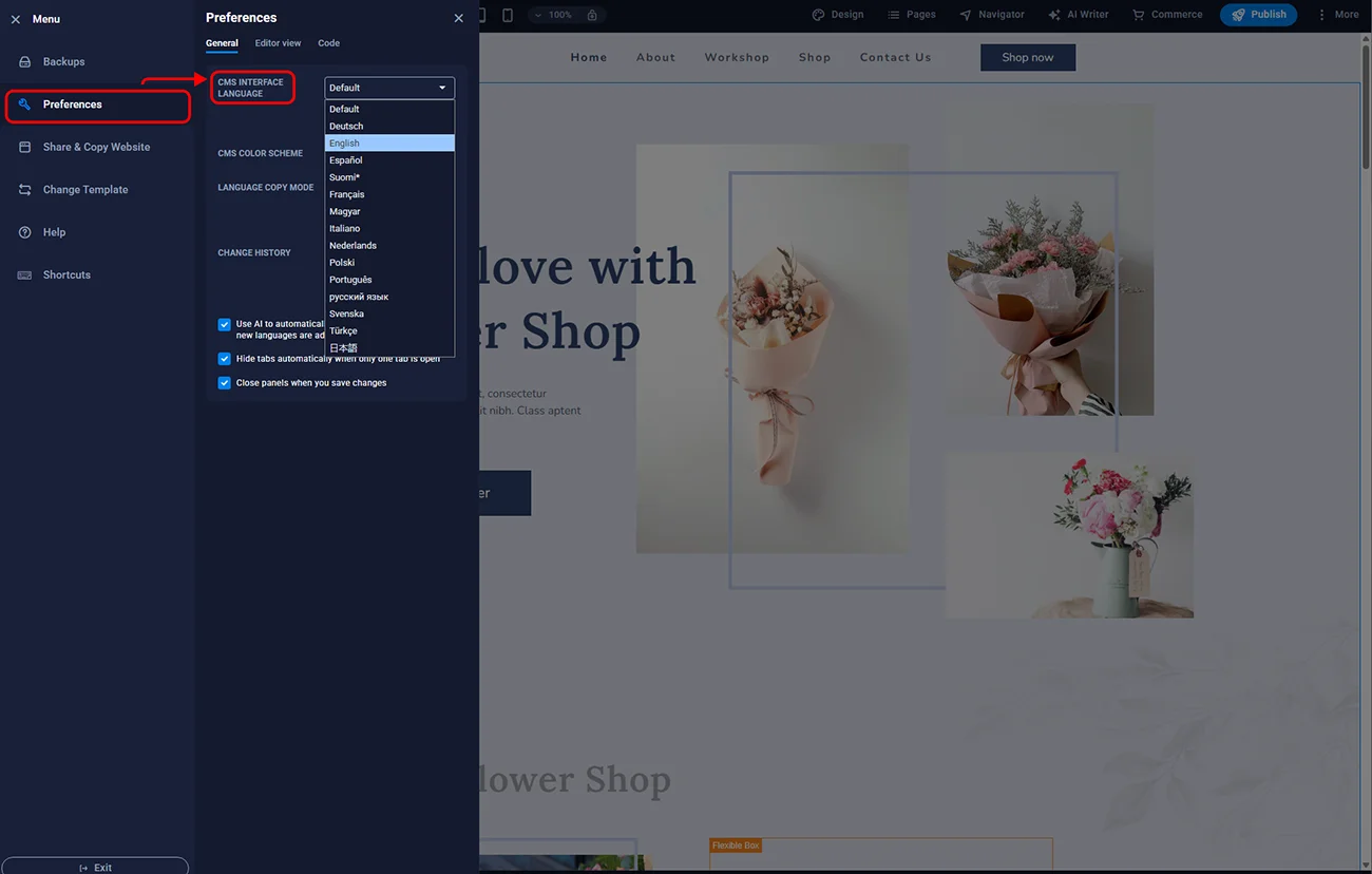 Sitejet Builder - editor language