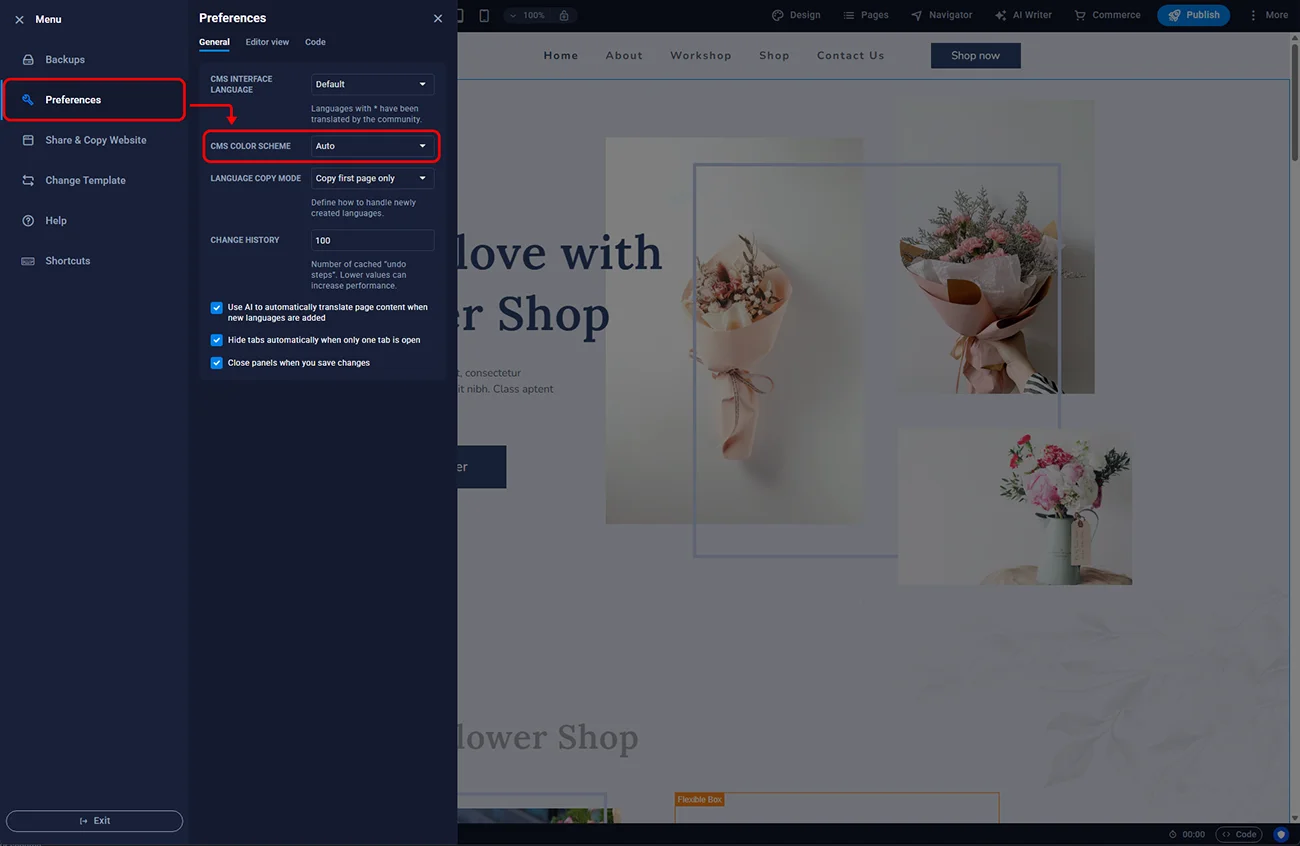 Sitejet Builder - editor colour scheme
