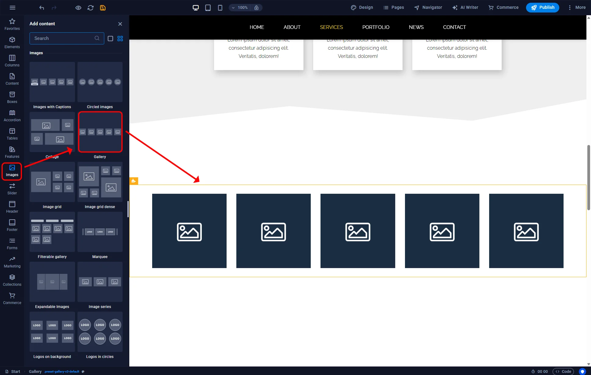 Sitejet Builder - adding a gallery