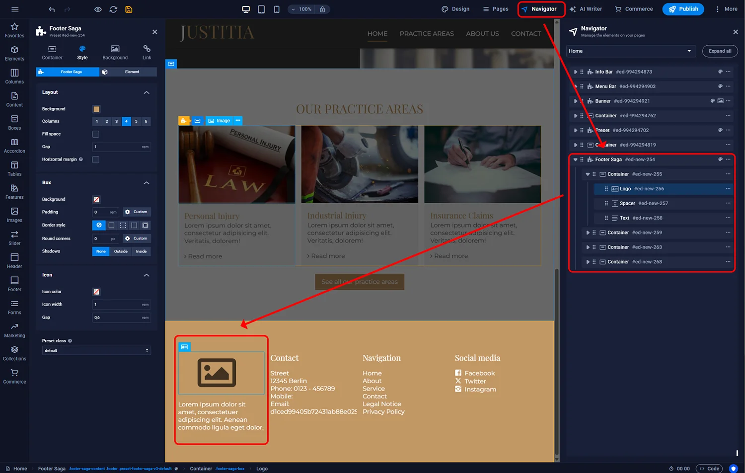 Sitejet Builder - footer content edit